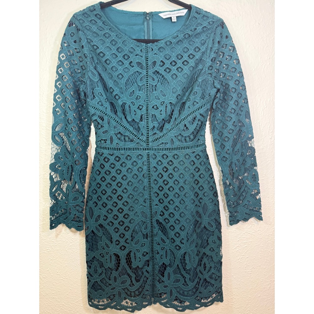 Cupcakes and Cashmere Teal Green Lace Long Sleeve Sheath Dress Size 0